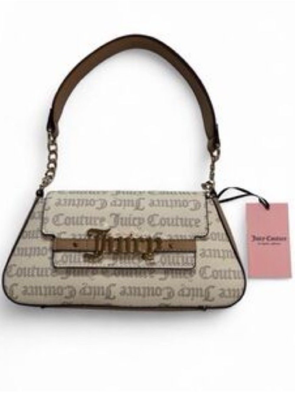 Juicy Couture Beige Logo Jacquard Shoulder Bag with Brown Handle